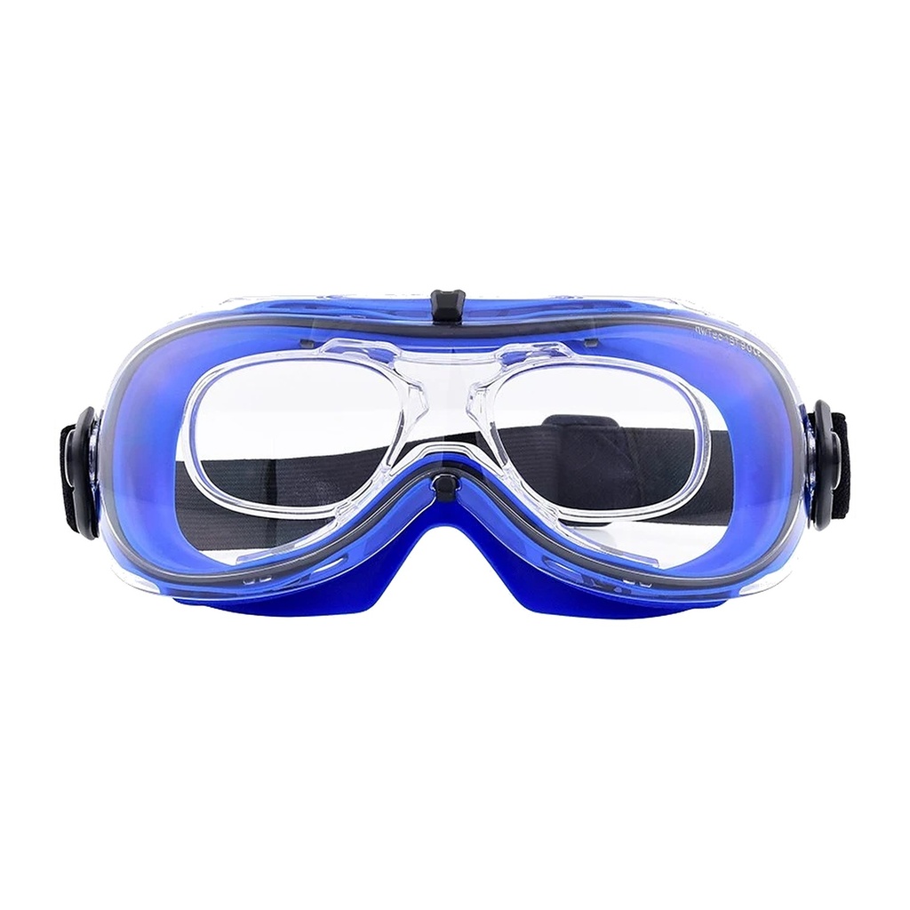 Vollsichtbrille mit breitem Gummiband, blaue Fassung, klare Scheiben Bild 1