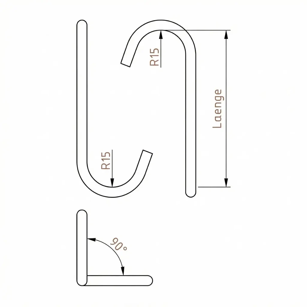 Standardhaken CRR15 – 90° verdreht, blanker Eisendraht (100mm)