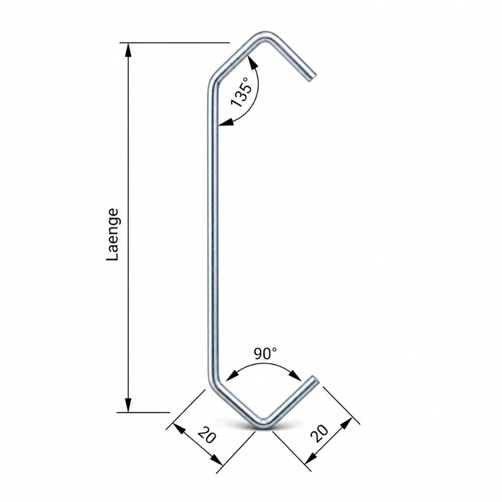 [CEVKP-3x3-60 | CE 20/20 60 x 3 x 3] Vierkanthaken planliegend über die Kante gebogen, Standardhaken (3x3mm, 60mm)