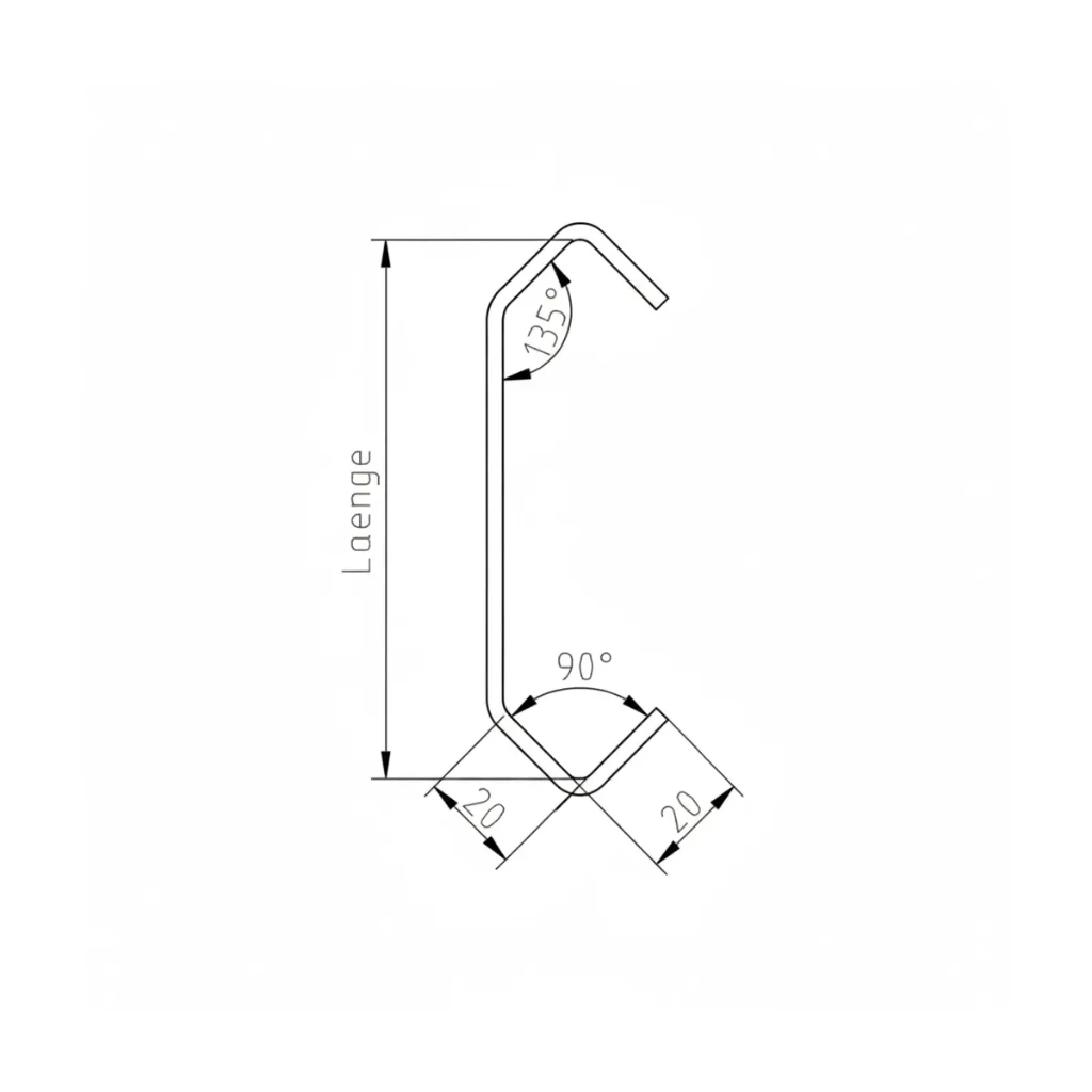 CE20/20  planliegend Vierkanthaken über die Kante gebogen, Standardhaken (3x3mm, 60mm)