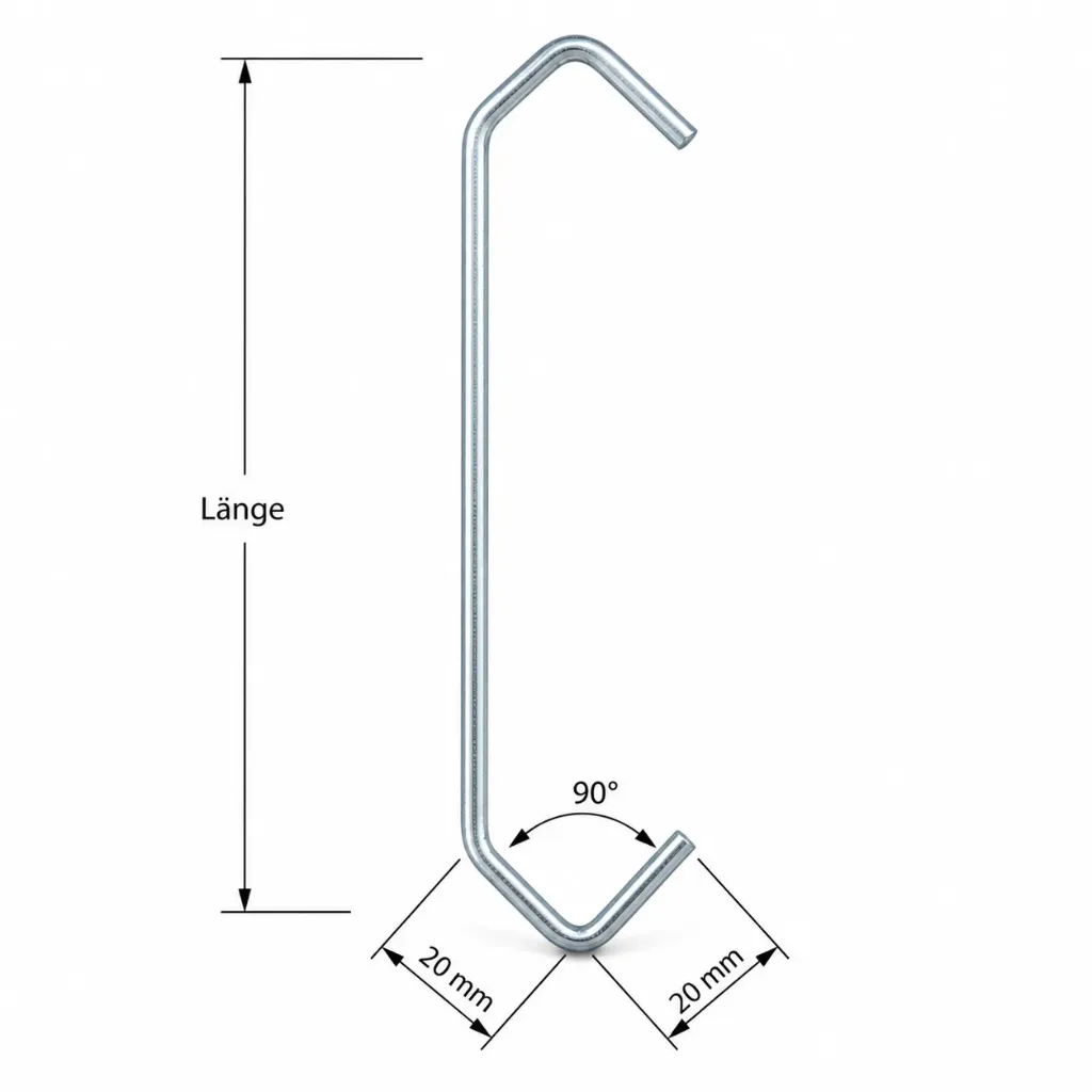 [CEVK90-3x3-75 | CE 20/20 75 x 3 x 3 90°] Vierkanthaken 90° verdreht über die Kante gebogen, Standardhaken! (3x3mm, 75mm)