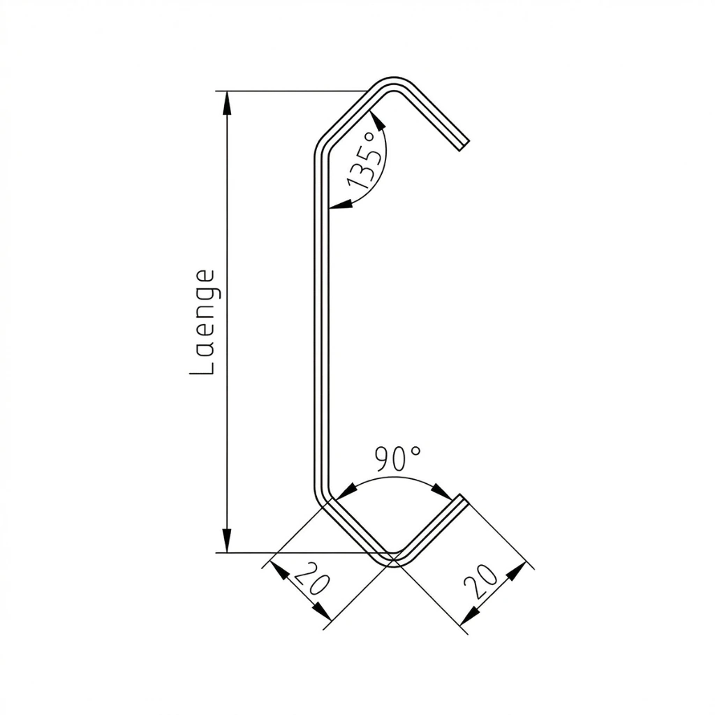 CE20/20  90° verdreht Vierkanthaken über die Kante gebogen, Standardhaken! (3x3mm, 75mm)