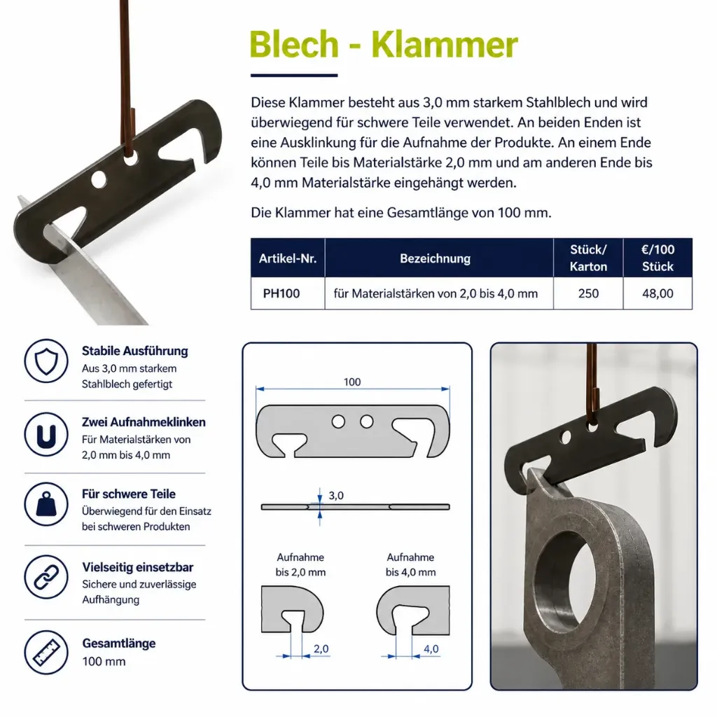 [PH100] Schwerlast-Aufhängeklammer aus Stahl – sichere Aufnahme für Bauteile unterschiedlicher Materialstärken