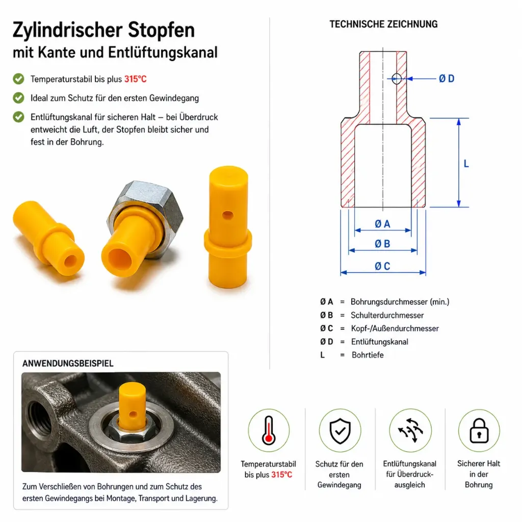 Hitzebeständiger Gewindeschutz-Stopfen mit Entlüftungskanal