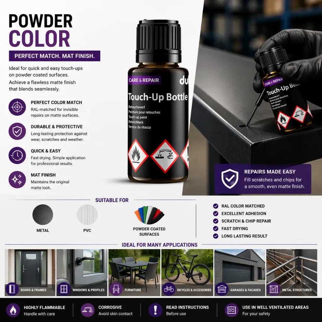 Lackflasche 1K RAL Pulverlack 12 ml mit Pinsel – Präzise Ausbesserung für pulverbeschichtete Oberflächen