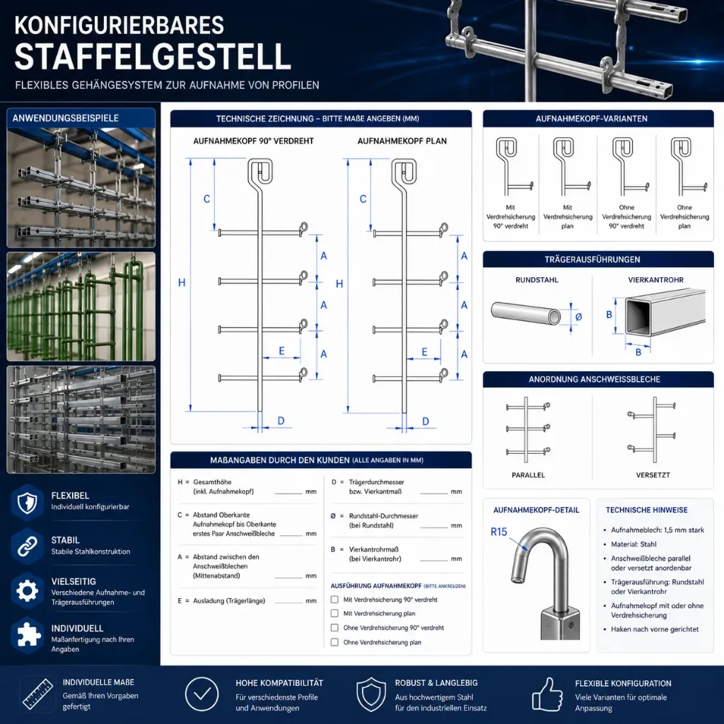Staffelgestell 1.000  Konfigurierbares Stahl-Staffelgestell für Profile und Warenträger (Aufnahmekopf mit Verdrehsicherung 90° verdreht, Rundstahl 12 mm, parallel, Radius 15 mm)