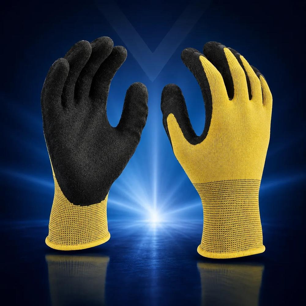 Latex-Arbeitshandschuh gelb/schwarz mit schrumpfgerauter Beschichtung (7)
