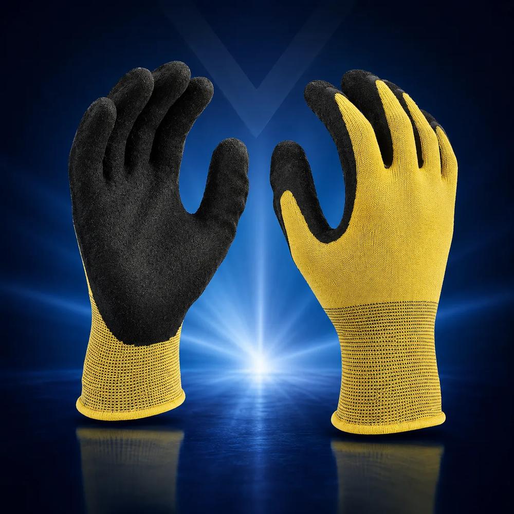 Latex-Arbeitshandschuh gelb/schwarz mit schrumpfgerauter Beschichtung (7)