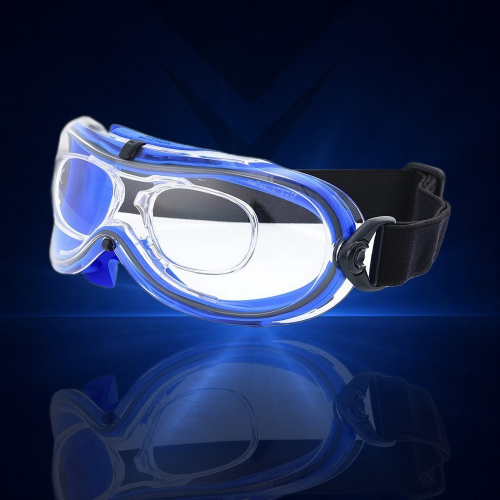 [8112] Vollsichtbrille mit breitem Gummiband, blaue Fassung, klare Scheiben