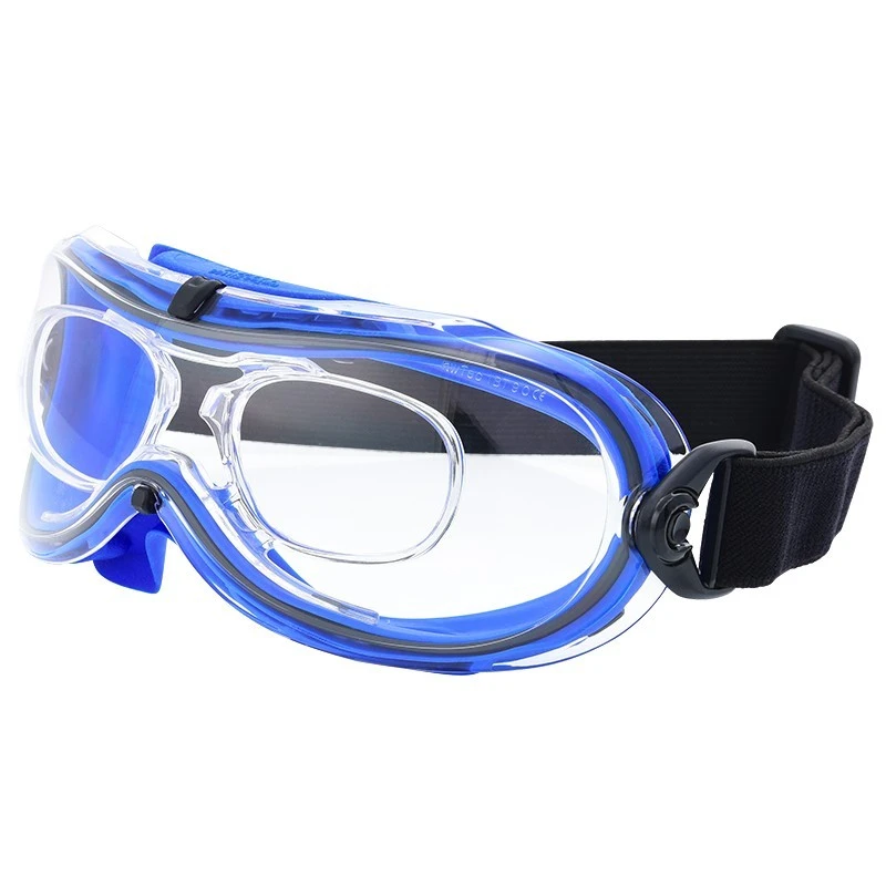 Vollsichtbrille mit breitem Gummiband, blaue Fassung, klare Scheiben