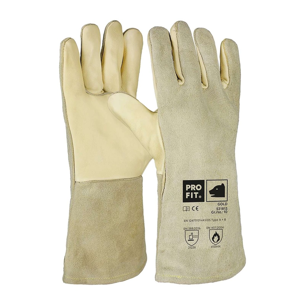 [531813-10] Schweißerhandschuh Kombi Rindleder, "Gold", 35 cm, gefüttert (10)